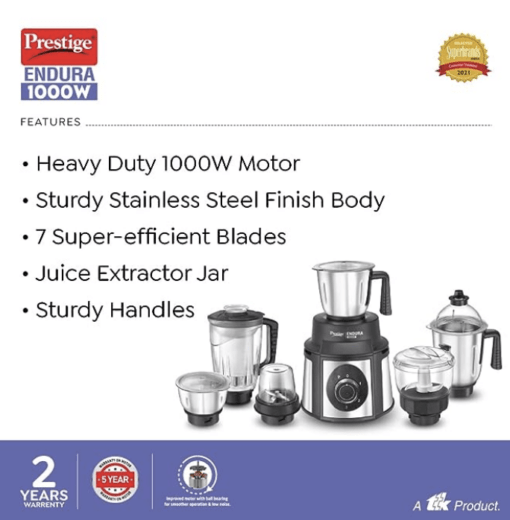 Prestige Endura 1000W Mixer Grinder, 6 Jars (1500 ml, 1000 ml, 1500 ml, 450 ml) (Black, Silver) - Image 3
